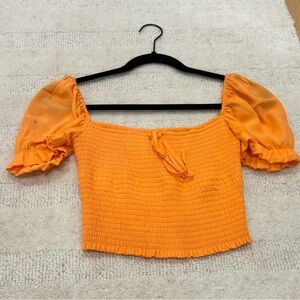 Aritzia Bright Orange Smocked Puff Sleeve Top